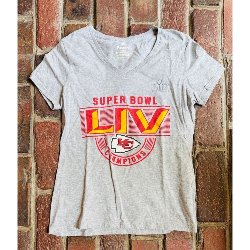 Kansas City Chiefs Super Bowl LIV NFL football Champ Women V-Neck T-Shirt M Gray